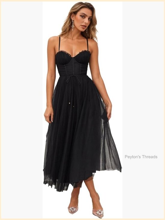 Dresses & Skirts - Sweetheart Neck A-line Mesh Midi Dress Spaghetti Strap Backless Tulle Prom